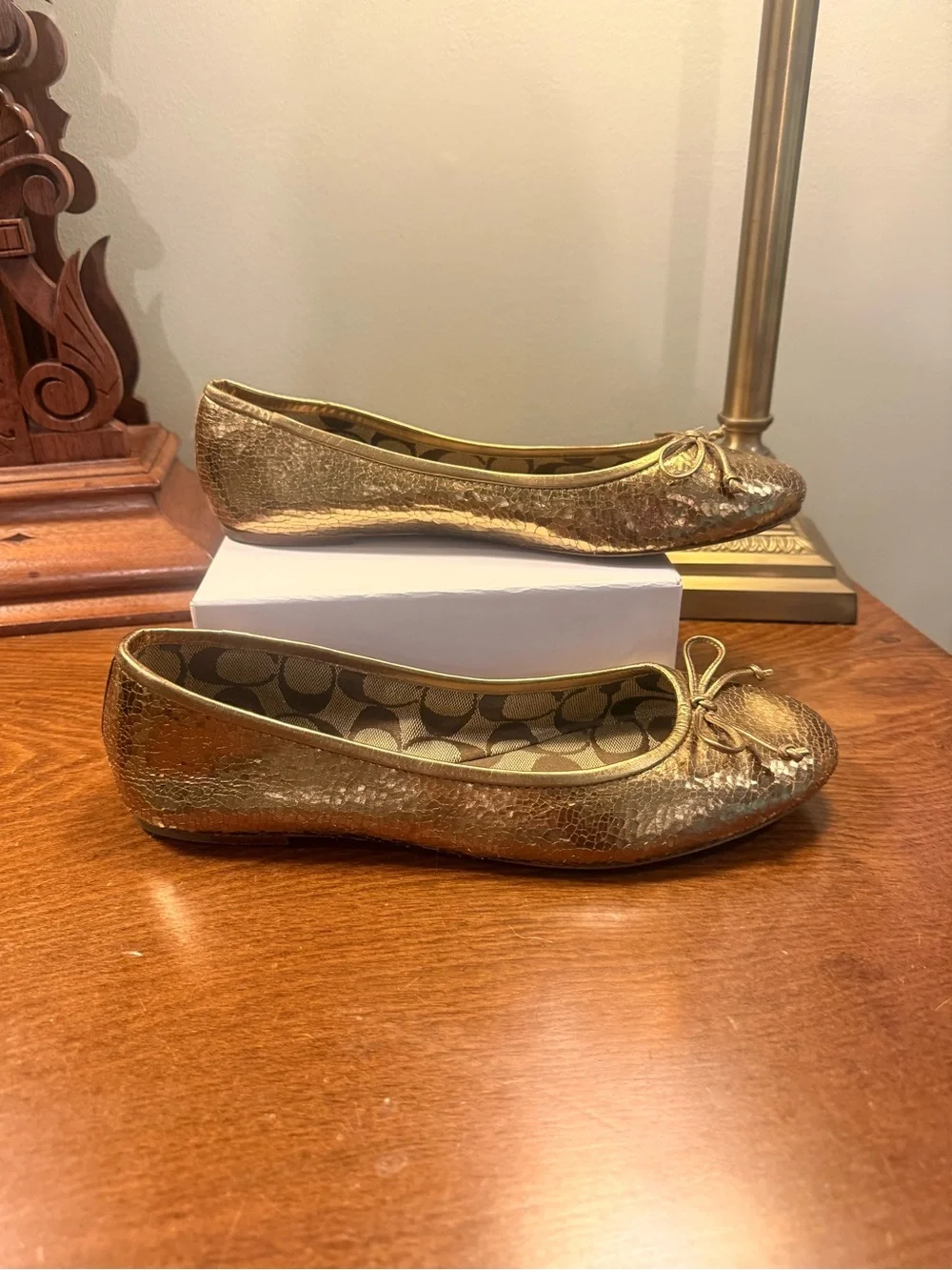Coach Lonnie Metallic Gold Crackle Ballet Flats with Bow Size 10